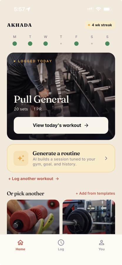 The Akhada app home screen, showing a weekly streak and today's logged workout